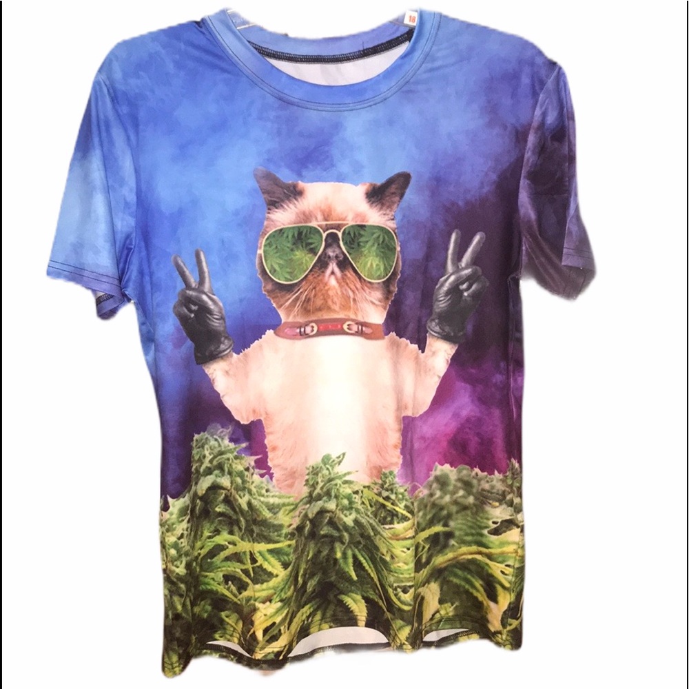 Cool cat in shades over plant graphic Tee …